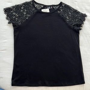 Rafaella NWT Black Cotton Top w Lace Open-Shoulder